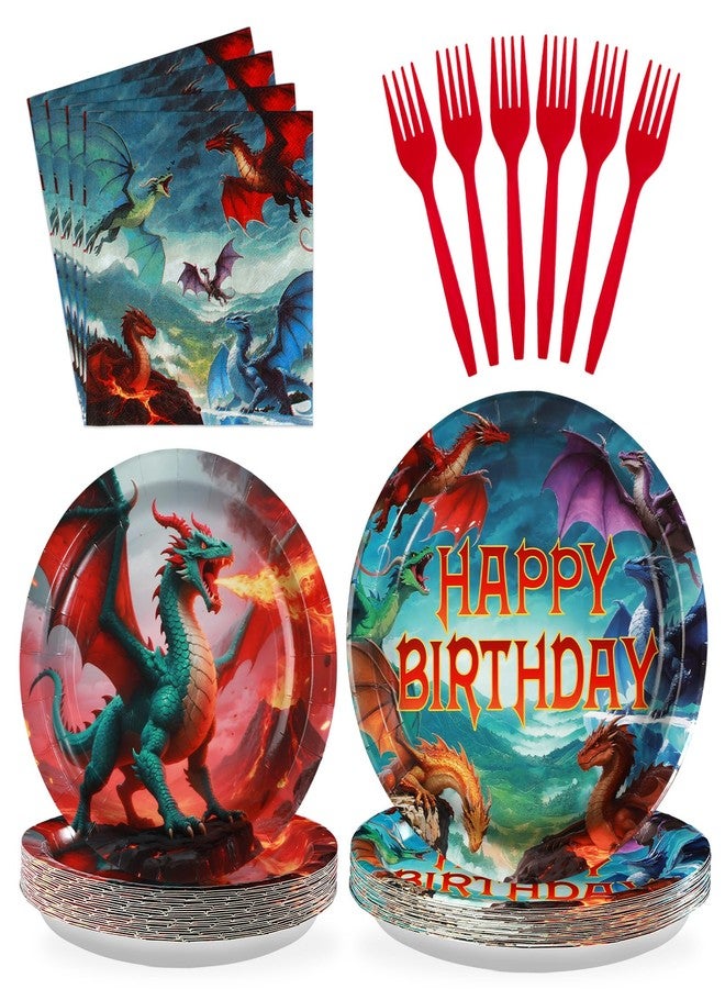 Grencian 96Pcs Dragon Birthday Party Supplies - Red Fire Dragon Party Plates and Napkins Disposable Dragons Theme Dessert Tableware Set for Kids Boys Fantasy Birthday Supplies Serves 24 - Image 1